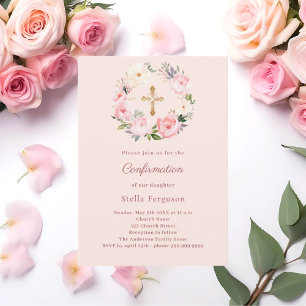 Pink florals wreath cross Confirmation Invitation