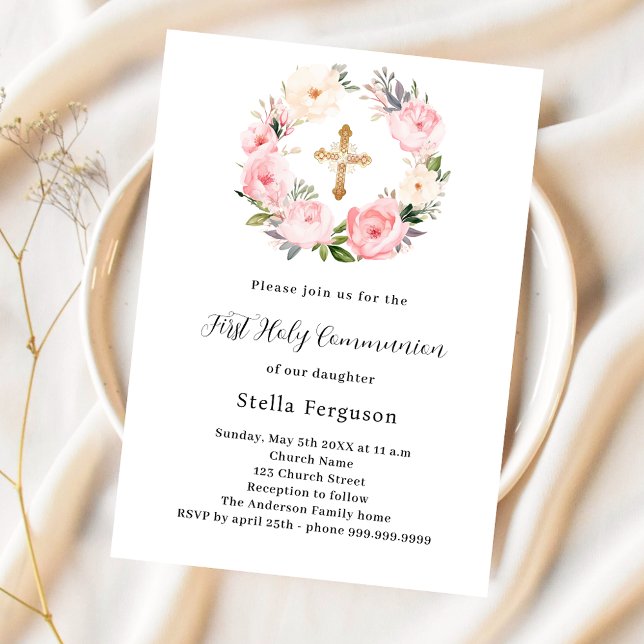 Pink florals wreath cross girl First Communion Invitation (Creator Uploaded)