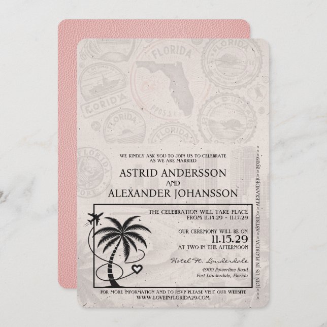 Pink Florida Passport Wedding Invitation (Front/Back)