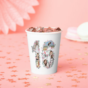Pink Flower 16th Birthday Girl Photo Collage White Paper Cups
