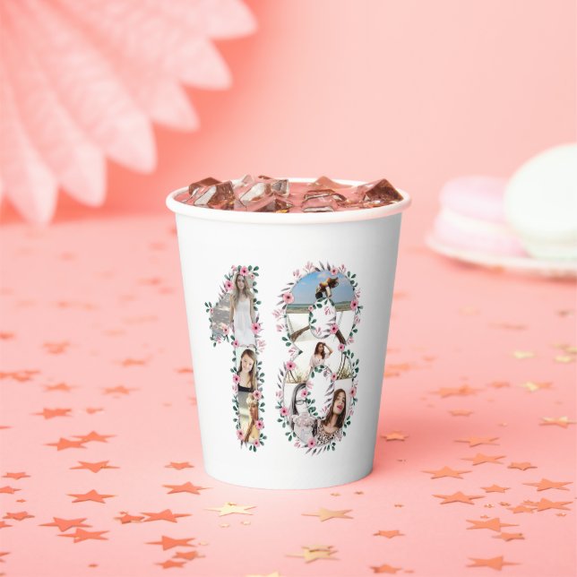 Pink Flower 18th Birthday Girl Photo Collage White Paper Cups (Insitu)