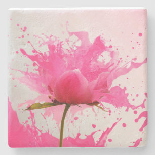Pink Flower Abstract Paint Splatter Stone Coaster