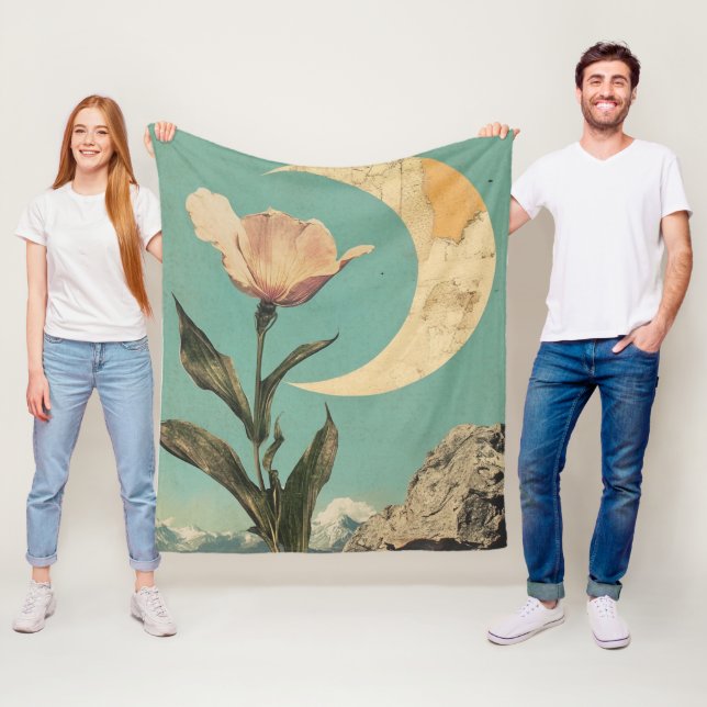 Pink Flower and Crescent Moon Fleece Blanket (In Situ)