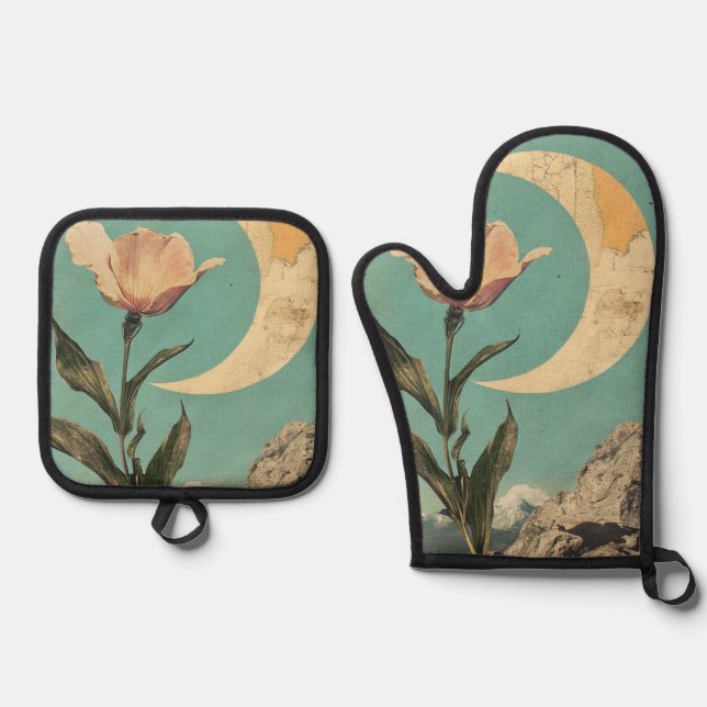 Pink Flower and Crescent Moon Oven Mitt & Pot Holder Set (Front)