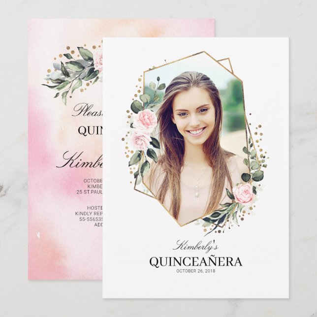 Pink Flower and Gold Confetti Quinceanera Photo Invitation (Front/Back)