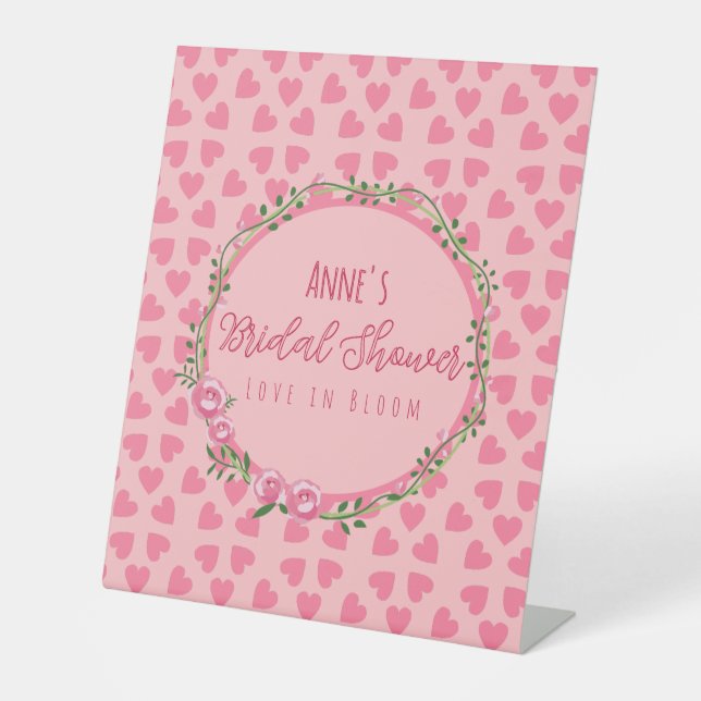 Pink Flower and Hearts Bridal Shower Pedestal Sign (Front)