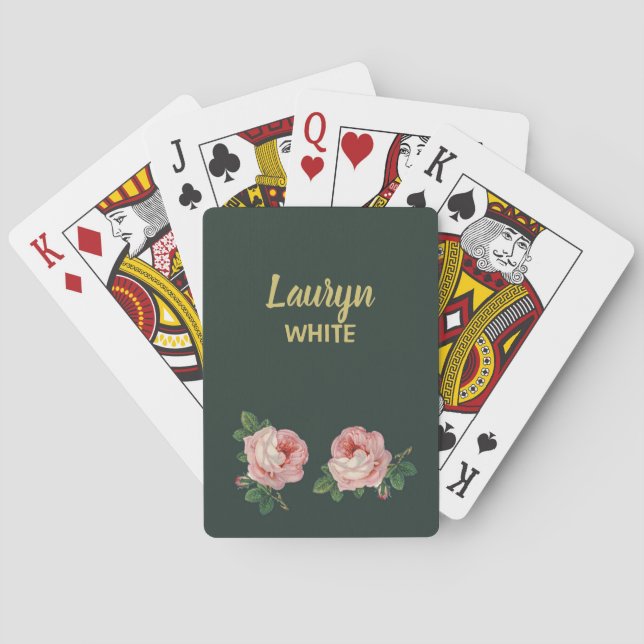 Pink flower and leaves on dark green playing cards (Back)