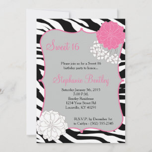 Pink Flower and Zebra Sweet 16 Birthday Invitation