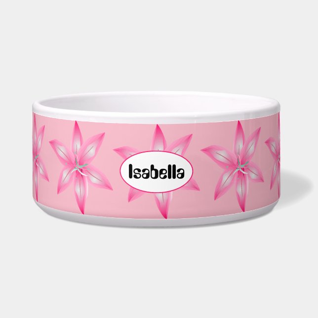 Pink Flower Any Name Dog Bowl (Front)