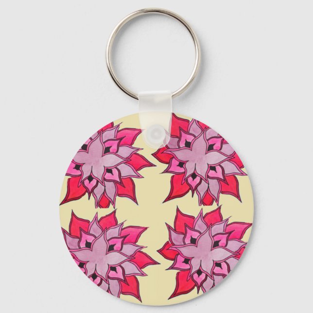 Pink flower art floral pattern key ring (Front)