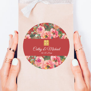 Pink flower background double happiness symbol classic round sticker