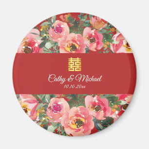 Pink flower background double happiness symbol magnet