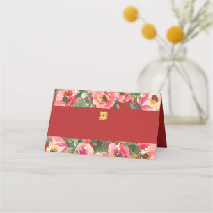 Pink flower background double happiness symbol place card