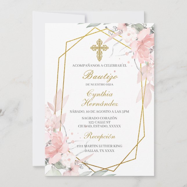 Pink flower Baptism Spanish Invitation (Front)