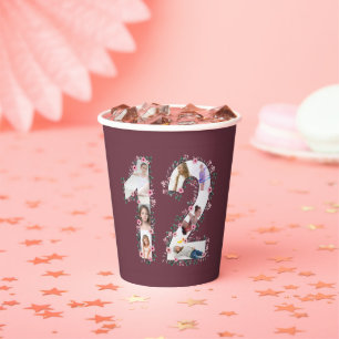 Pink Flower Big 12th Birthday Girl Photo Collage Paper Cups