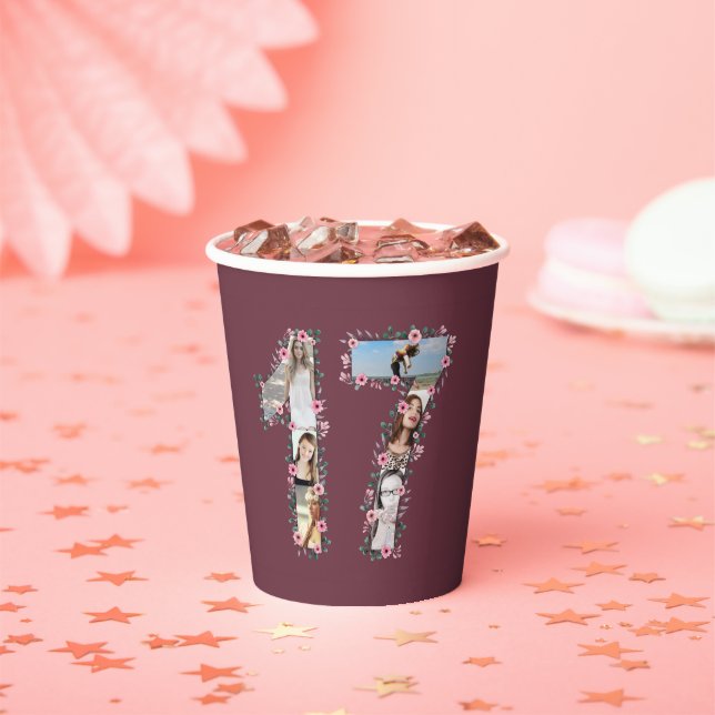 Pink Flower Big 17th Birthday Girl Photo Collage Paper Cups (Insitu)
