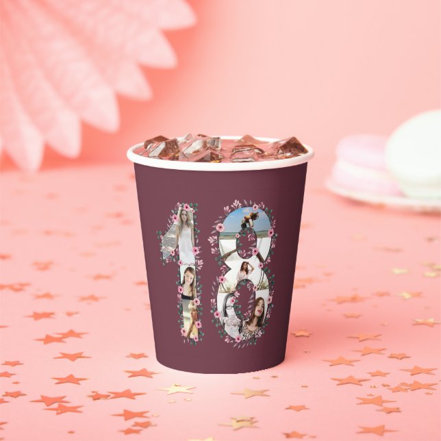 Pink Flower Big 18th Birthday Girl Photo Collage Paper Cups (Insitu)