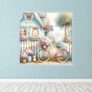 Pink Flower Bike at Blue Cottage Gate Canvas Print