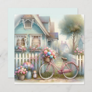 Pink Flower Bike at Blue Cottage Gate Card
