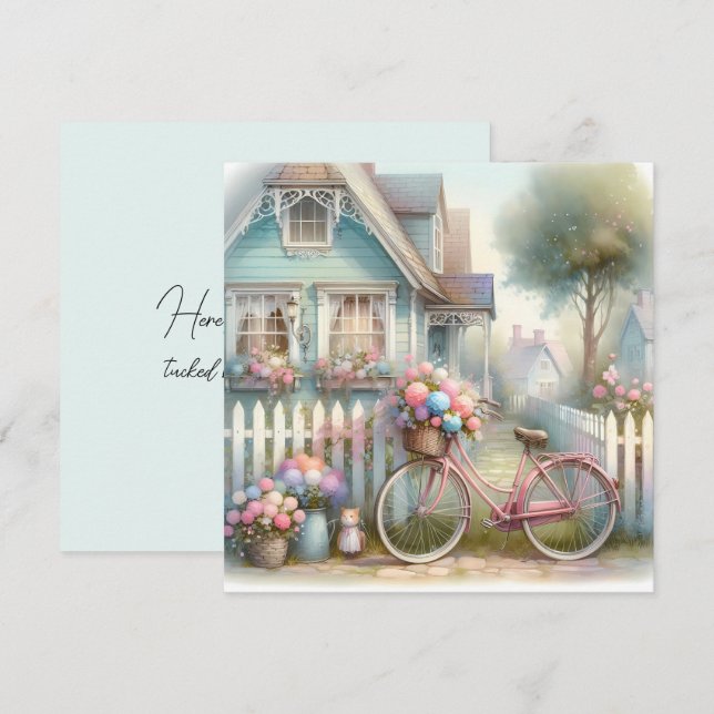 Pink Flower Bike at Blue Cottage Gate Card (Front/Back)