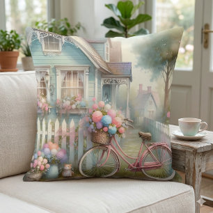 Pink Flower Bike at Blue Cottage Gate Cushion