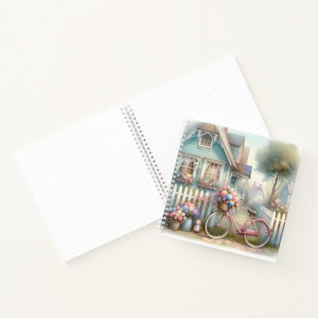 Pink Flower Bike at Blue Cottage Gate Notebook (Inside)