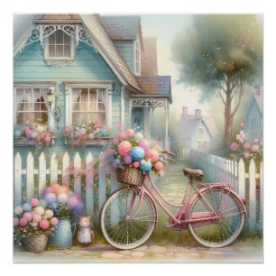 Pink Flower Bike at Blue Cottage Gate Poster