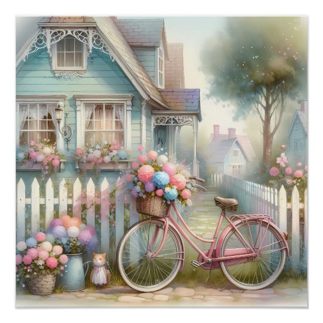 Pink Flower Bike at Blue Cottage Gate Poster (Front)