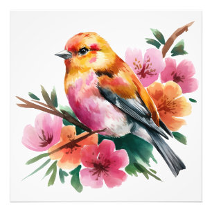 Pink Flower Bird Photo Print