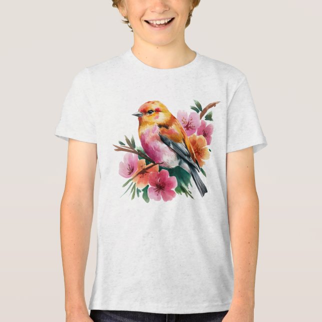 Pink Flower Bird Tri-Blend Shirt (Front)