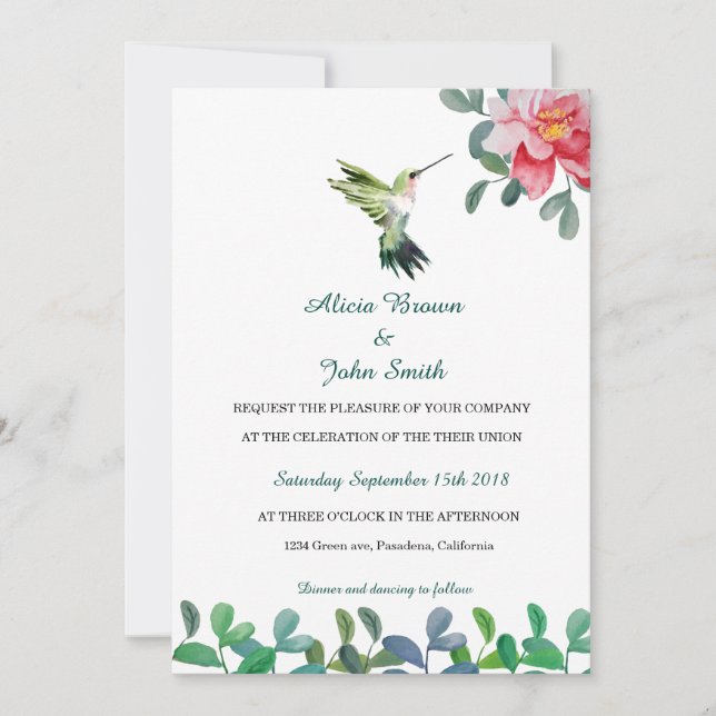 Pink flower & Bird Watercolor Wedding Card (Front)