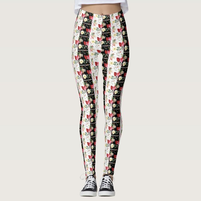Pink flower black & white Striped  Leggings (Front)