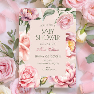 Pink flower bloom baby shower invitation