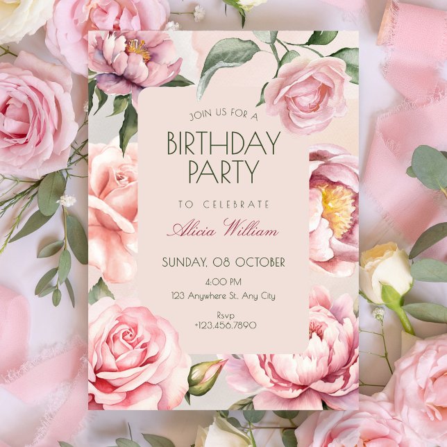 Pink flower bloom birthday invitation (Creator Uploaded)