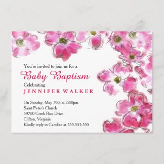 Pink Flower Blossoms Baby Baptism Dedication Invitation