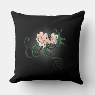 Pink Flower Blossoms on a Black Background Cushion
