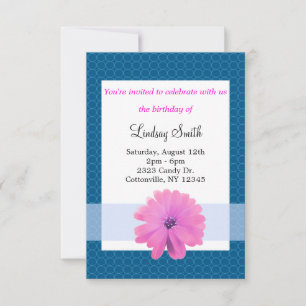 Pink Flower Blue Ribbon Birthday Invitation