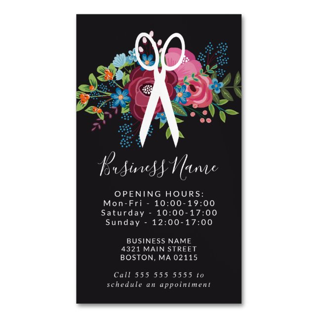 Pink Flower Bouquet Scissors Opening Hours Magnetic Business Card (Front Vertical)