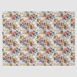 Pink Flower Bouquets on Gold and White Squares Tissue Paper