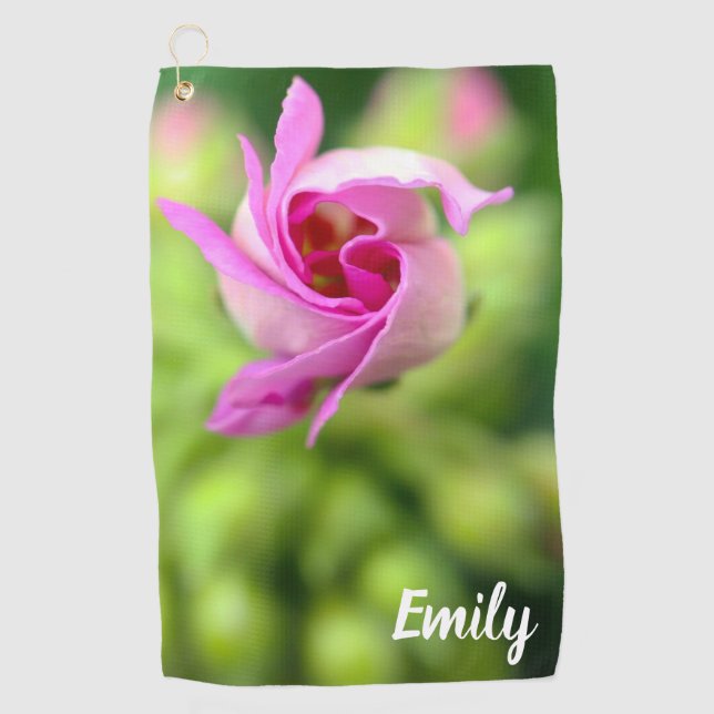 Pink Flower Bud Personalised Golf Towel (Front)
