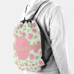 Pink Flower Buds and Leaves Monogrammed Drawstring Bag<br><div class="desc">Chic girly pink flower buds and green leaves on ANY COLOR background - we used pale green. Your monogram and name in chic lettering on the front in any colours (can be deleted.) Create for yourself or give as a gift.</div>