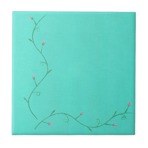 Pink Flower Buds on a Vine Aqua Ceramic Tiles