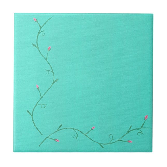 Pink Flower Buds on a Vine Aqua Ceramic Tiles (Front)