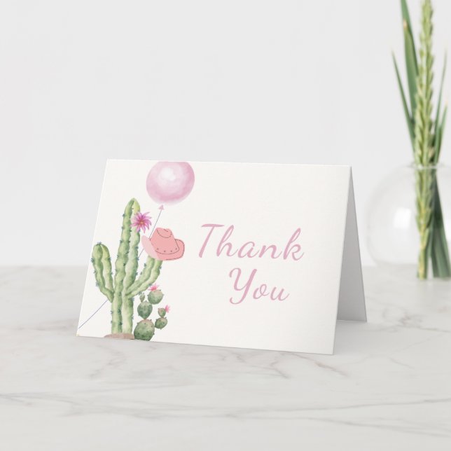 Pink Flower Cactus Balloon Cowgirl Baby Shower  Thank You Card (Front)