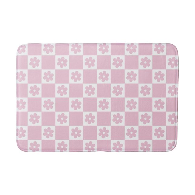 Pink Flower checked pattern Bath Mat (Front)