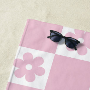 Pink Flower checked pattern Beach Towel