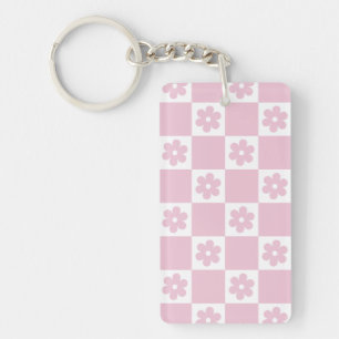 Pink Flower checked pattern Key Ring