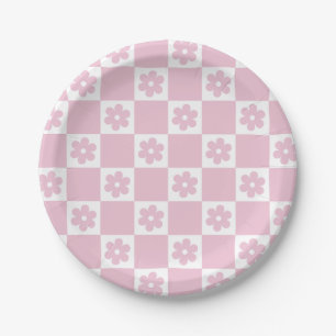 Pink Flower checked pattern Paper Plate