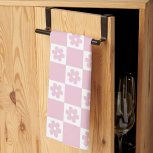 Pink Flower checked pattern Tea Towel