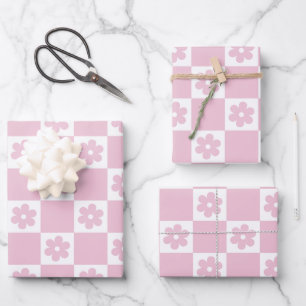 Pink Flower checked pattern Wrapping Paper Sheet